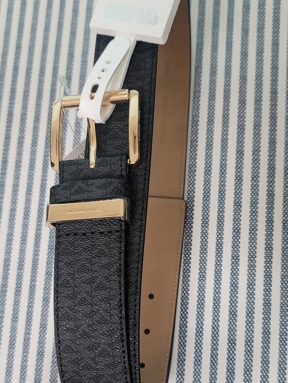 Michael Kors Black Logo-Print Leather Belt with Gold Buckle